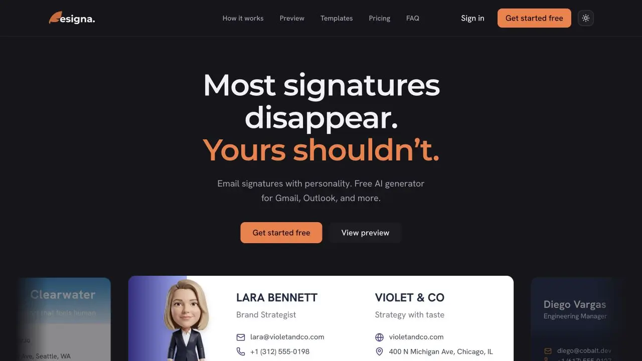 esigna product homepage showing an AI-generated email signature