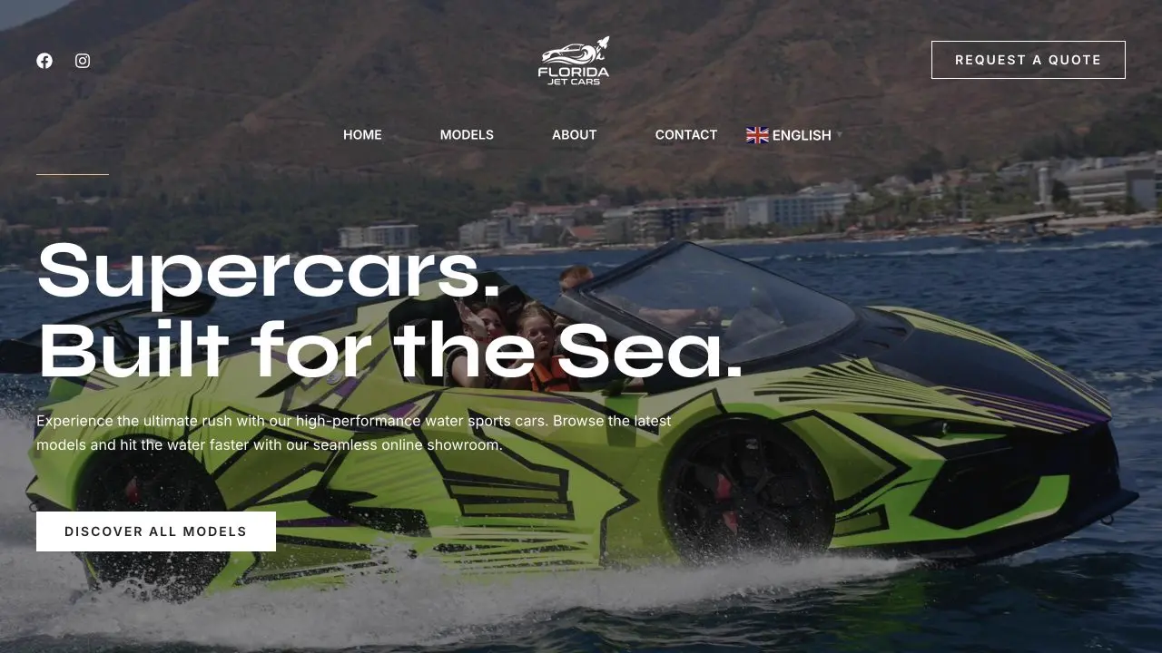 Florida Jet Cars homepage showing a sports-car-styled watercraft