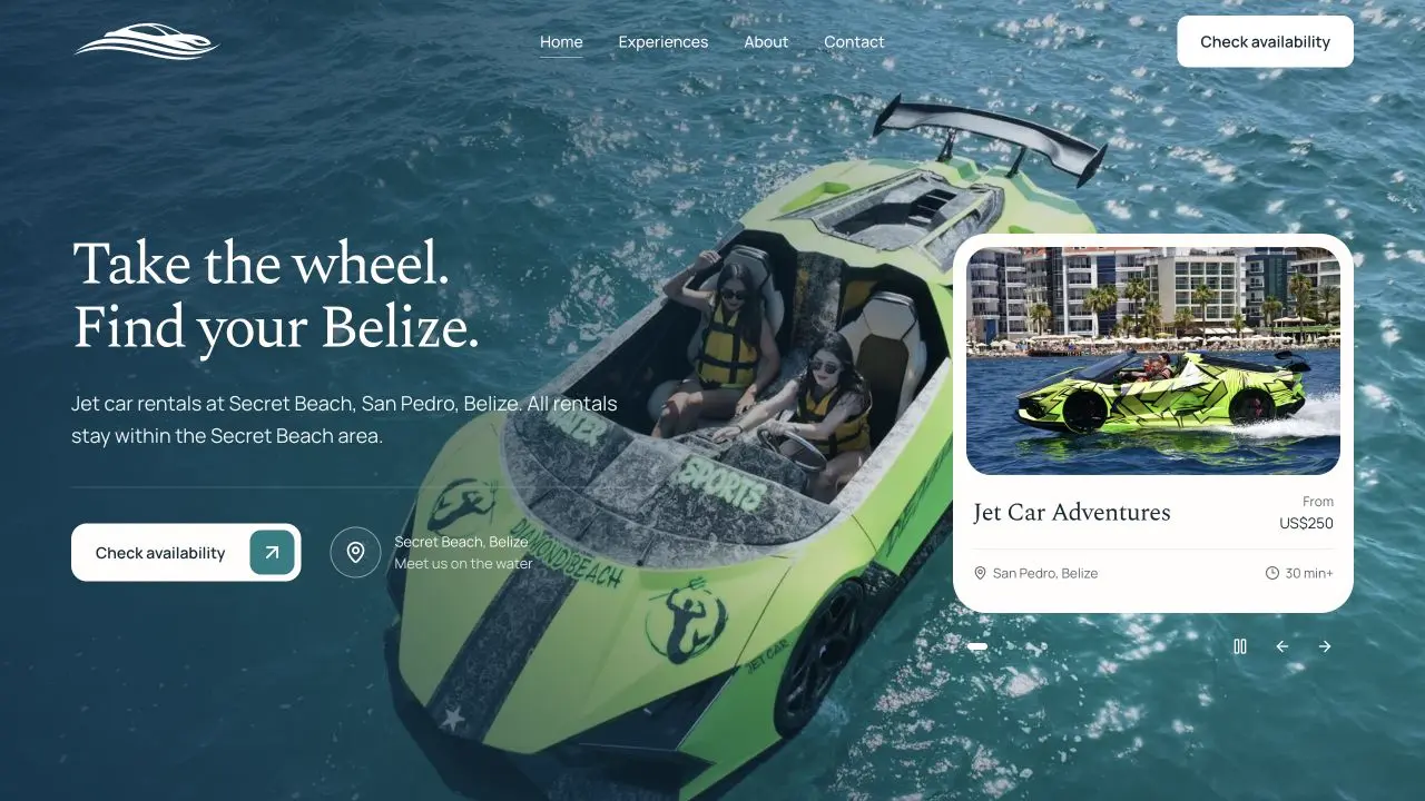 JetCarsBelize homepage showing a green jet car on turquoise water